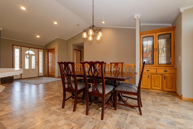 235 Morning View Rd, Sauk Centre, MN 56378 - dining space featuring crown molding, baseboards, stone finish floor, recessed lighting, and vaulted ceiling