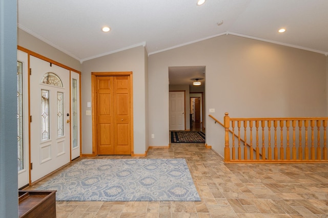 235 Morning View Rd, Sauk Centre, MN 56378 - foyer entrance with baseboards, stone finish flooring, recessed lighting, and lofted ceiling