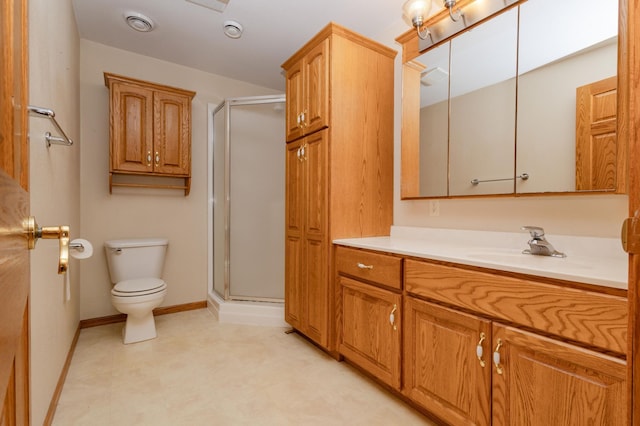 235 Morning View Rd, Sauk Centre, MN 56378 - bathroom featuring toilet, baseboards, a shower stall, and vanity