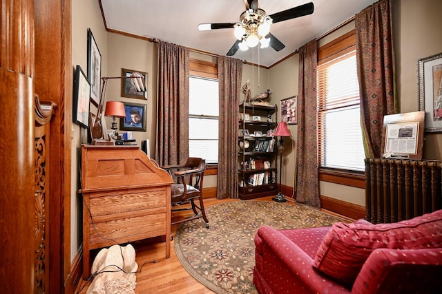 265 Broadway St, Winona, MN 55987 - office space with radiator, wood finished floors, healthy amount of natural light, ceiling fan, and crown molding