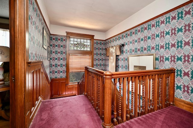 265 Broadway St, Winona, MN 55987 - stairway featuring wallpapered walls and a wainscoted wall