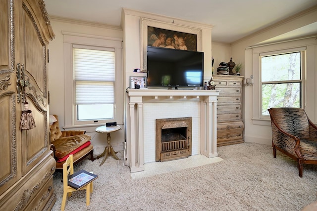 265 Broadway St, Winona, MN 55987 - sitting room featuring a tile fireplace, carpet flooring, plenty of natural light, and ornamental molding