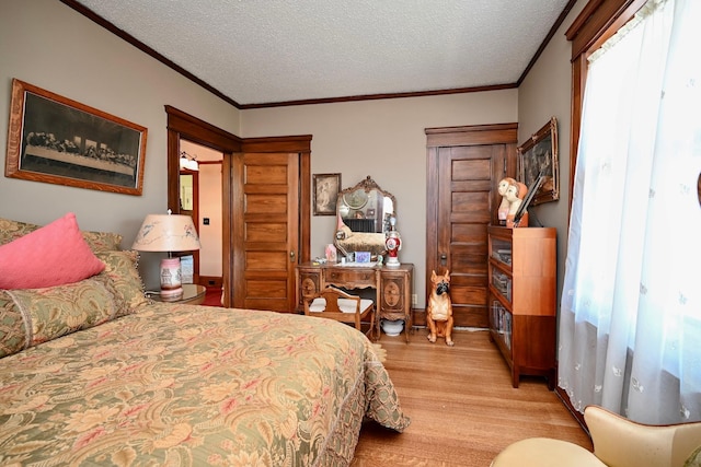 265 Broadway St, Winona, MN 55987 - bedroom with light wood-style floors, ornamental molding, a textured ceiling, and multiple windows