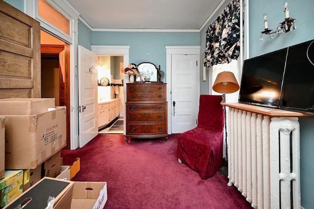 265 Broadway St, Winona, MN 55987 - bedroom featuring dark colored carpet, ornamental molding, and ensuite bathroom
