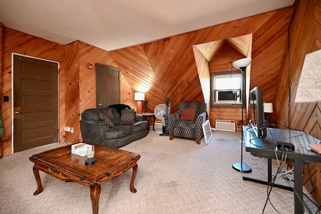 265 Broadway St, Winona, MN 55987 - carpeted living room featuring cooling unit, wooden walls, and a baseboard heating unit