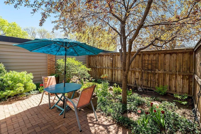 view of patio / terrace featuring a fenced backyard and outdoor dining area