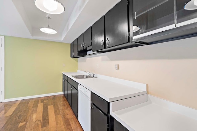 kitchen featuring dark cabinets, a sink, dishwasher, light wood-style flooring, and light countertops