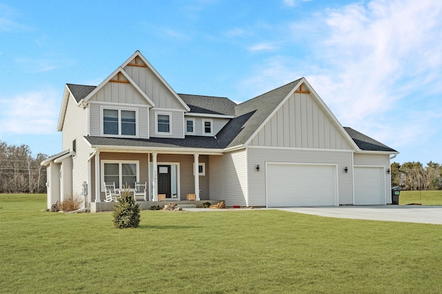 view of front facade with a garage, board and batten siding, a porch, and driveway