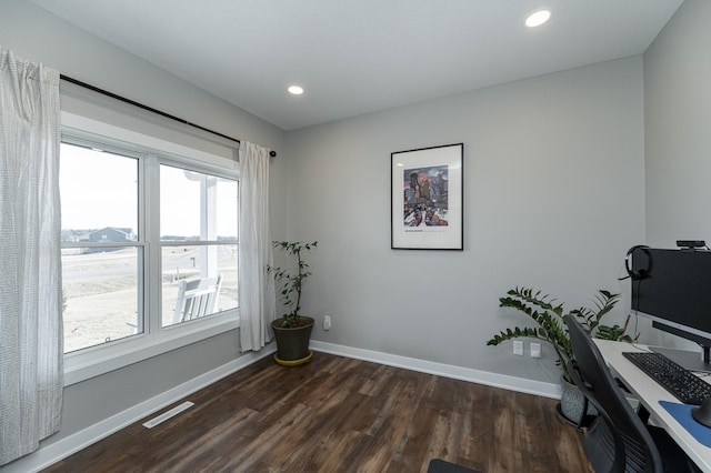office space featuring visible vents, recessed lighting, dark wood-style floors, and baseboards