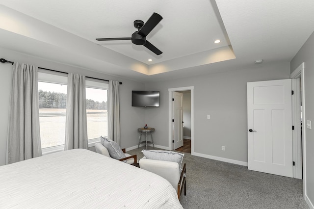 1261 Skyview Cir NW, Rochester, MN 55901 - bedroom with baseboards, a raised ceiling, dark carpet, a ceiling fan, and recessed lighting