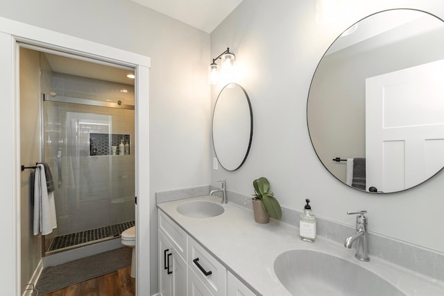 1261 Skyview Cir NW, Rochester, MN 55901 - full bathroom featuring toilet, double vanity, a stall shower, and wood finished floors