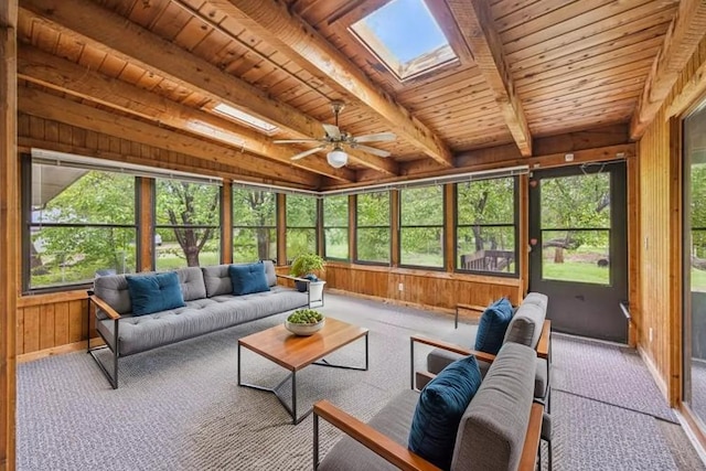 810 57th Ave N, Brooklyn Center, MN 55430 - sunroom / solarium featuring a skylight, an outdoor living space, a ceiling fan, and beam ceiling