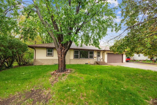 810 57th Ave N, Brooklyn Center, MN 55430 - ranch-style home with concrete driveway, an attached garage, brick siding, and a front lawn