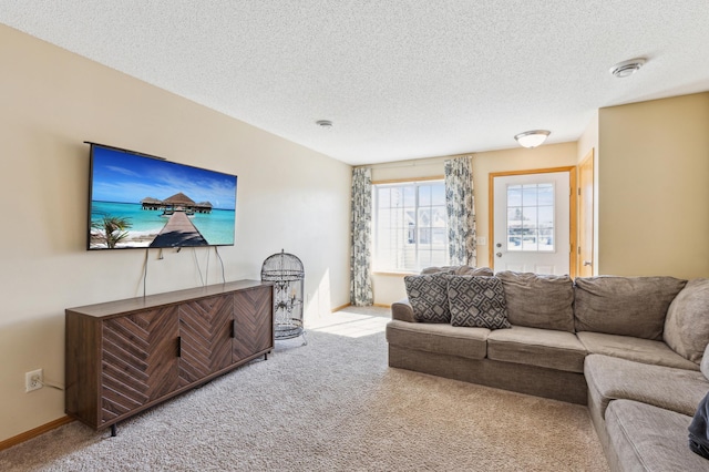 carpeted living area with a textured ceiling