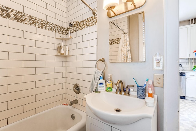 1976 Iglehart Ave, Saint Paul, MN 55104 - bathroom with shower / tub combo, vanity, and decorative backsplash
