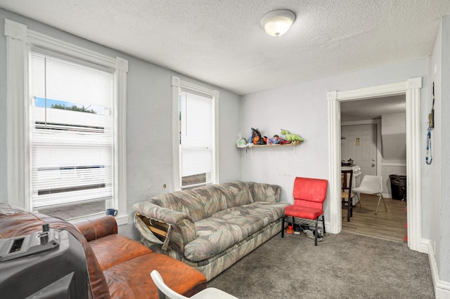 carpeted living room featuring a textured ceiling