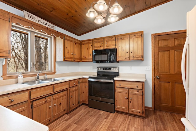 16881 169th Ave SE, Big Lake, MN 55309 - kitchen with black microwave, a sink, wooden ceiling, and stainless steel range with electric stovetop