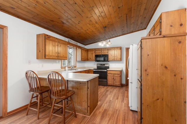 16881 169th Ave SE, Big Lake, MN 55309 - kitchen with light wood-style flooring, stainless steel range with electric cooktop, vaulted ceiling, black microwave, and a peninsula