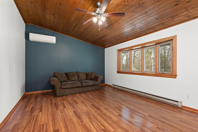 16881 169th Ave SE, Big Lake, MN 55309 - unfurnished living room featuring wood finished floors, wood ceiling, vaulted ceiling, baseboard heating, and a wall mounted air conditioner