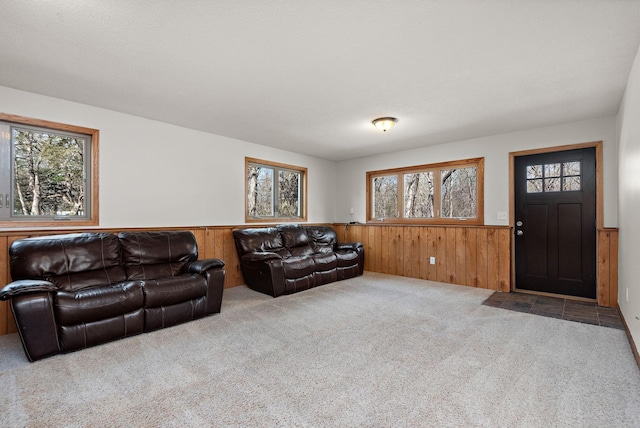 16881 169th Ave SE, Big Lake, MN 55309 - carpeted living room with wooden walls, wainscoting, and a healthy amount of sunlight
