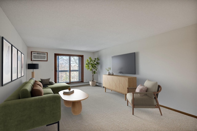 living room with baseboards, a wall mounted air conditioner, a textured ceiling, and carpet flooring