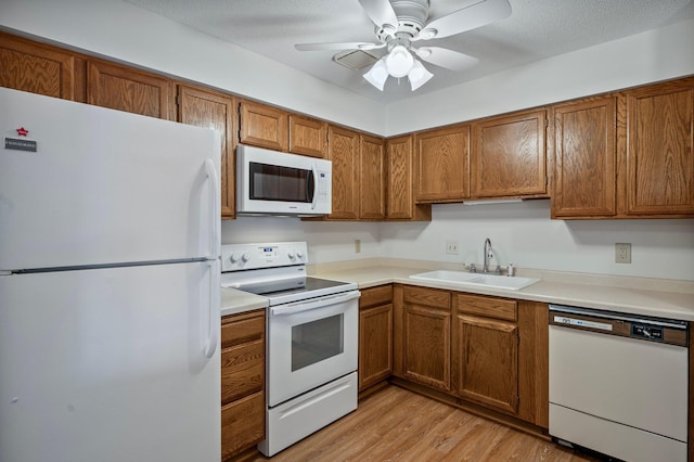 kitchen featuring a sink, brown cabinets, light wood-style floors, white appliances, and light countertops