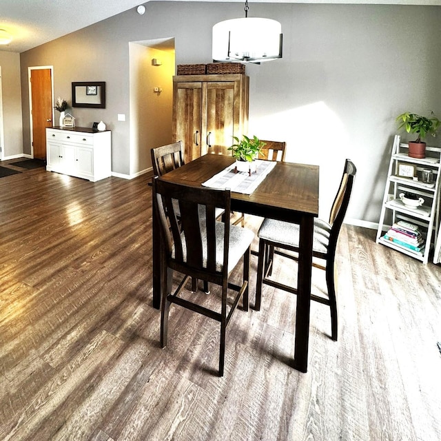 606 Tenth St W, Park Rapids, MN 56470 - dining space with wood finished floors, vaulted ceiling, and baseboards