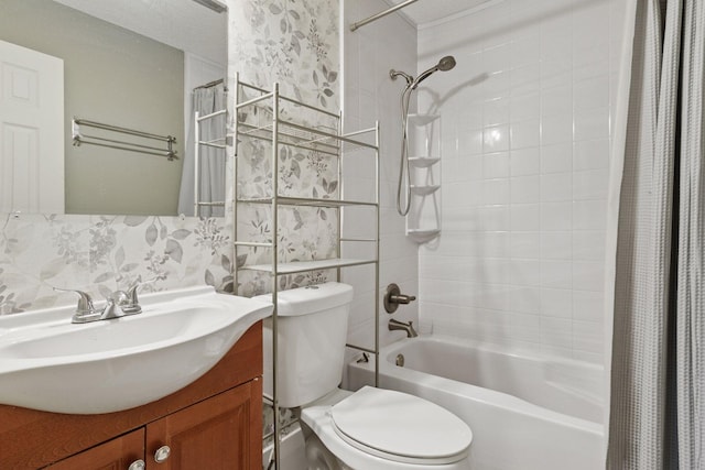 full bath featuring vanity, backsplash, toilet, and shower / tub combo