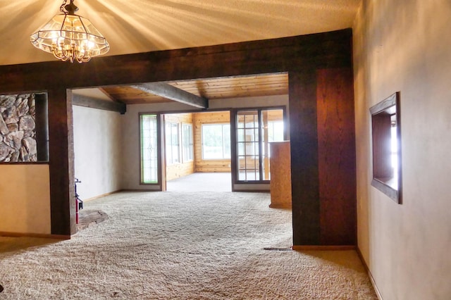 12056 Everton Ave N, Hugo, MN 55110 - corridor with carpet flooring, a chandelier, beam ceiling, and baseboards
