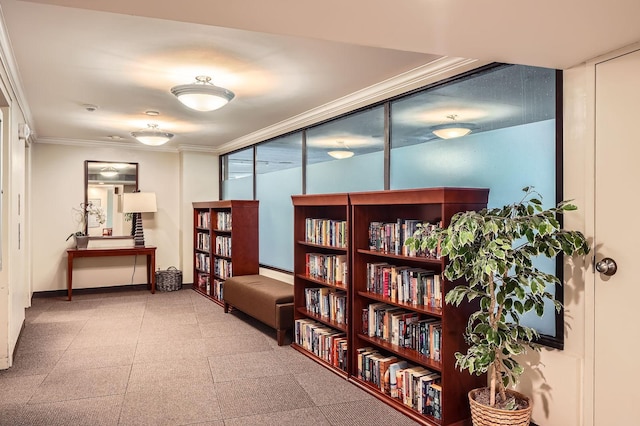 corridor with baseboards and ornamental molding