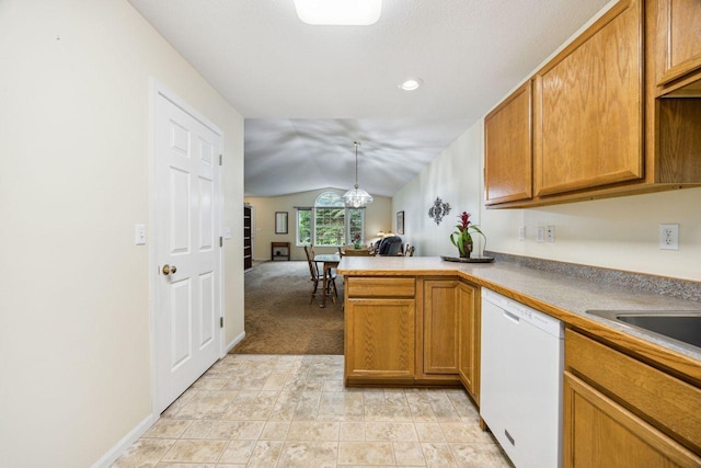 kitchen with white dishwasher, lofted ceiling, a peninsula, brown cabinets, and open floor plan