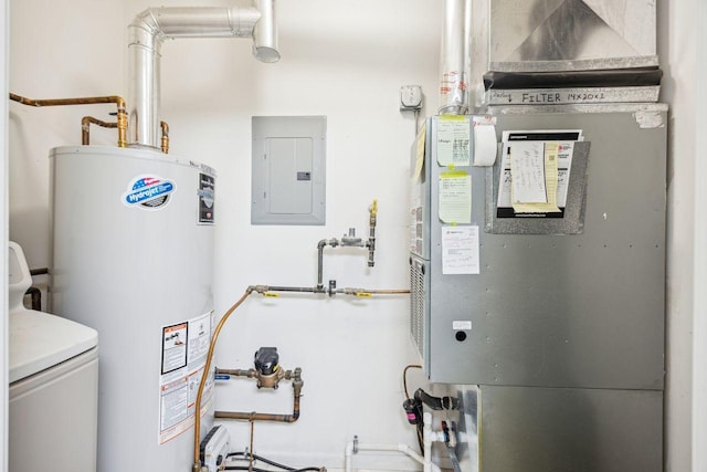 utility room with gas water heater, electric panel, and heating unit