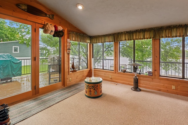 2060 Donnelly Dr NW, Maple Lake Twp, MN 55313 - sunroom with healthy amount of natural light, lofted ceiling, carpet floors, and wood walls
