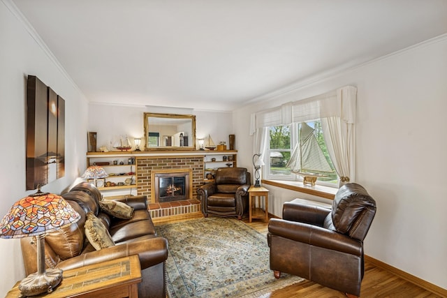 18701 Delton Ave, Minnetonka, MN 55345 - living area featuring crown molding, wood finished floors, baseboards, and a brick fireplace