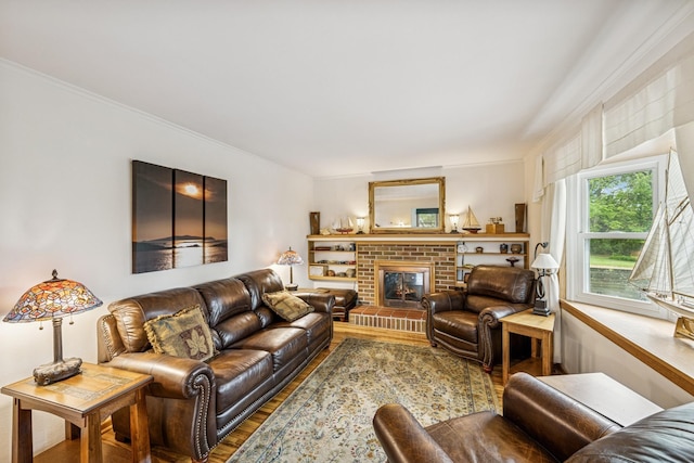18701 Delton Ave, Minnetonka, MN 55345 - living area featuring wood finished floors, a brick fireplace, and crown molding