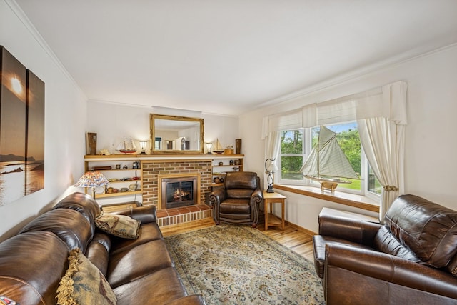 18701 Delton Ave, Minnetonka, MN 55345 - living area with crown molding, wood finished floors, a brick fireplace, and baseboards