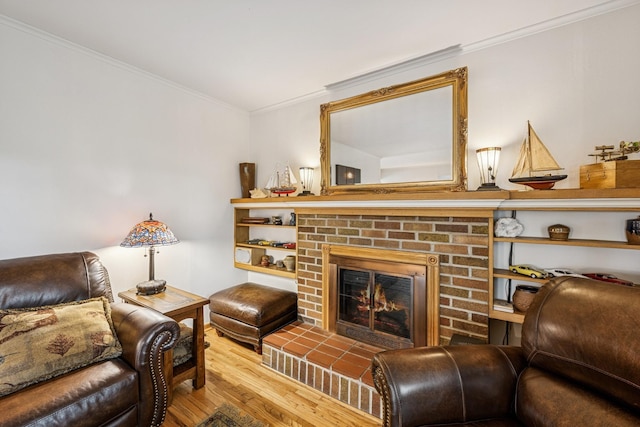 18701 Delton Ave, Minnetonka, MN 55345 - living area with crown molding, wood finished floors, and a brick fireplace