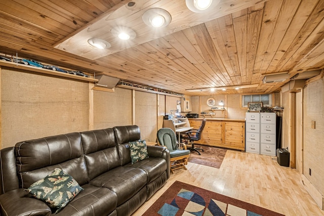 18701 Delton Ave, Minnetonka, MN 55345 - living room with light wood-type flooring, wooden ceiling, and an office area