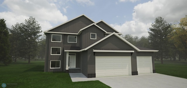 view of front of home with concrete driveway, an attached garage, and a front lawn