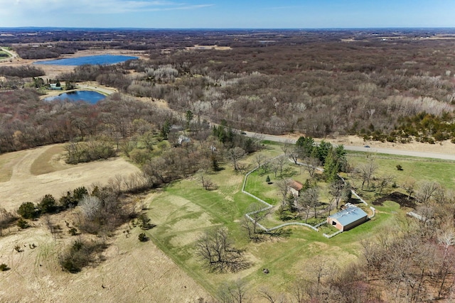bird's eye view with a wooded view, a rural view, and a water view