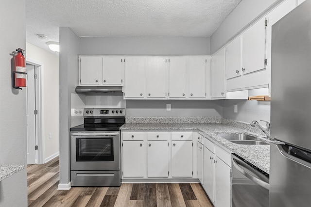 221 Grand Ave W Unit 111, South Saint Paul, MN 55075 - kitchen featuring a sink, a textured ceiling, under cabinet range hood, and appliances with stainless steel finishes