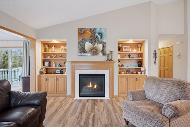 living area featuring light wood-type flooring, high vaulted ceiling, and a premium fireplace
