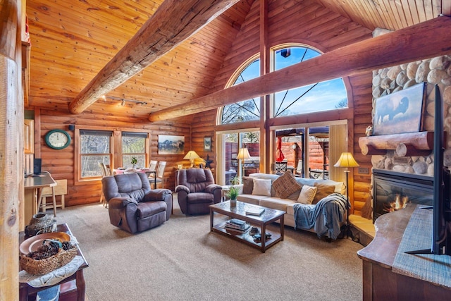 510 State Rd Unit 35, Centuria, WI 54024 - carpeted living room with wood ceiling, rustic walls, high vaulted ceiling, and a wealth of natural light