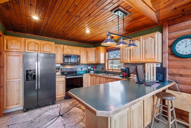 510 State Rd Unit 35, Centuria, WI 54024 - kitchen with light brown cabinetry, range with electric stovetop, wood ceiling, stainless steel fridge with ice dispenser, and a sink
