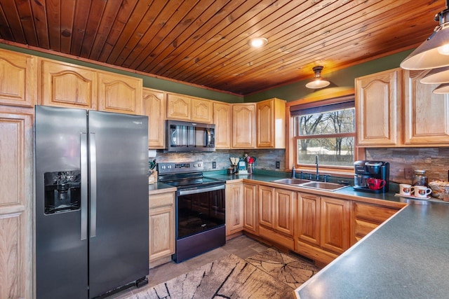 510 State Rd Unit 35, Centuria, WI 54024 - kitchen with a sink, appliances with stainless steel finishes, light brown cabinets, and wooden ceiling