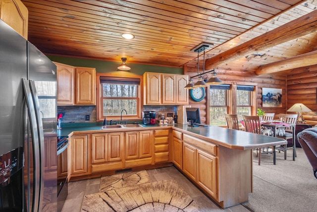 510 State Rd Unit 35, Centuria, WI 54024 - kitchen featuring electric range, a sink, a peninsula, stainless steel refrigerator with ice dispenser, and wood ceiling