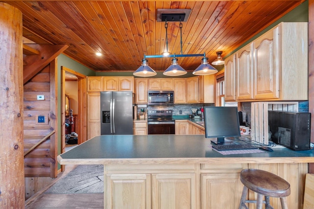 510 State Rd Unit 35, Centuria, WI 54024 - kitchen featuring light brown cabinetry, stainless steel appliances, a peninsula, wooden ceiling, and decorative backsplash