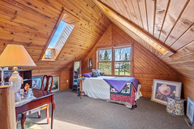510 State Rd Unit 35, Centuria, WI 54024 - bedroom featuring wooden walls, carpet floors, vaulted ceiling with skylight, and wooden ceiling