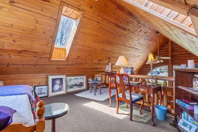 510 State Rd Unit 35, Centuria, WI 54024 - carpeted office space with a skylight, a ceiling fan, wooden walls, and a wealth of natural light