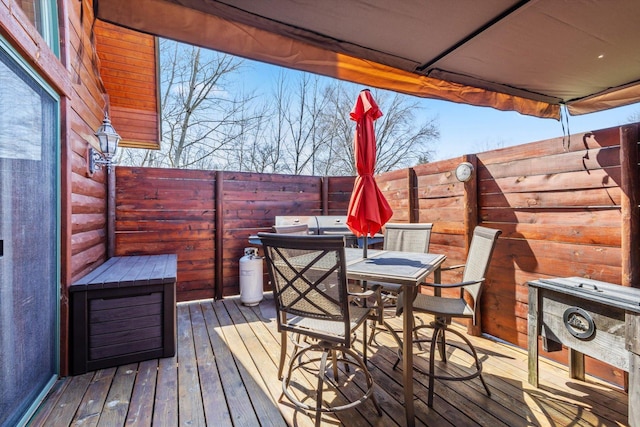 510 State Rd Unit 35, Centuria, WI 54024 - wooden deck featuring fence and outdoor dining space